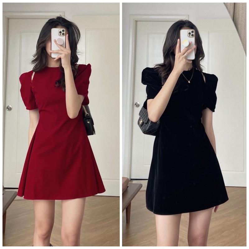 Đầm váy nhung đỏ tay bồng xẻ vai tiểu thư