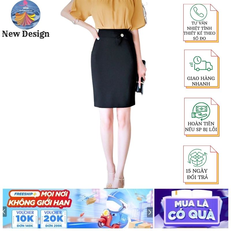 Chân Váy Nữ New Design Thiết Kế Dáng Váy Bút Chì Ôm Body Phối Nơ Xinh Đẹp, Màu Đen, Dài 50cm Vải Kaki Thun Co Giãn CV0014
