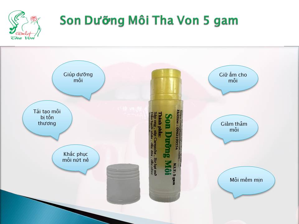 Son Dưỡng Môi Tha Von 5 gam   Giúp dưỡng môi , tái tạo môi bị tổn thương . giảm thâm môi Khắc phục môi nứt nẻ, giữ ẩm cho môi , giúp môi mềm mịn