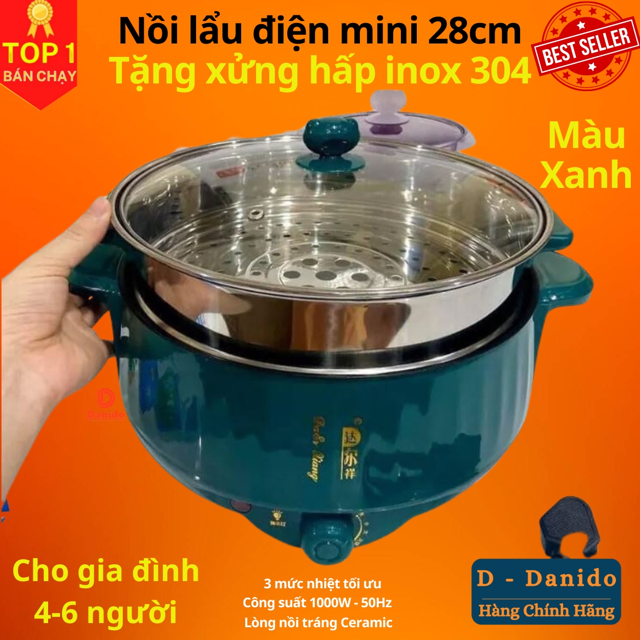 Nồi lẩu điện mini đa năng 28cm, chống dính vân đá cao cấp công suất 1000W tiện dụng 3 nấc nhiệt kèm giá hấp inox 304 - Hàng chính hãng D Danido – Logo ngẫu nhiên