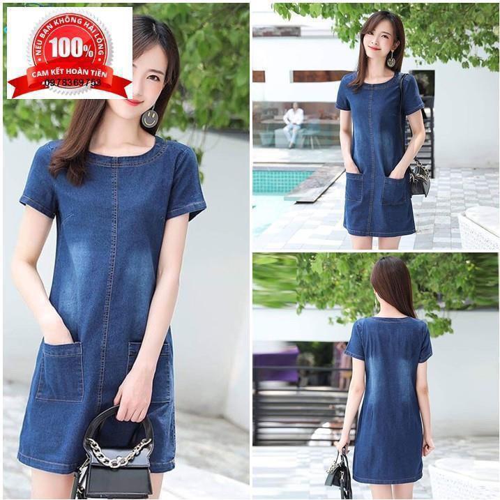 Váy jean đầm jean đầm bò nữ suông cao cấp cổ tròn tay ngắn