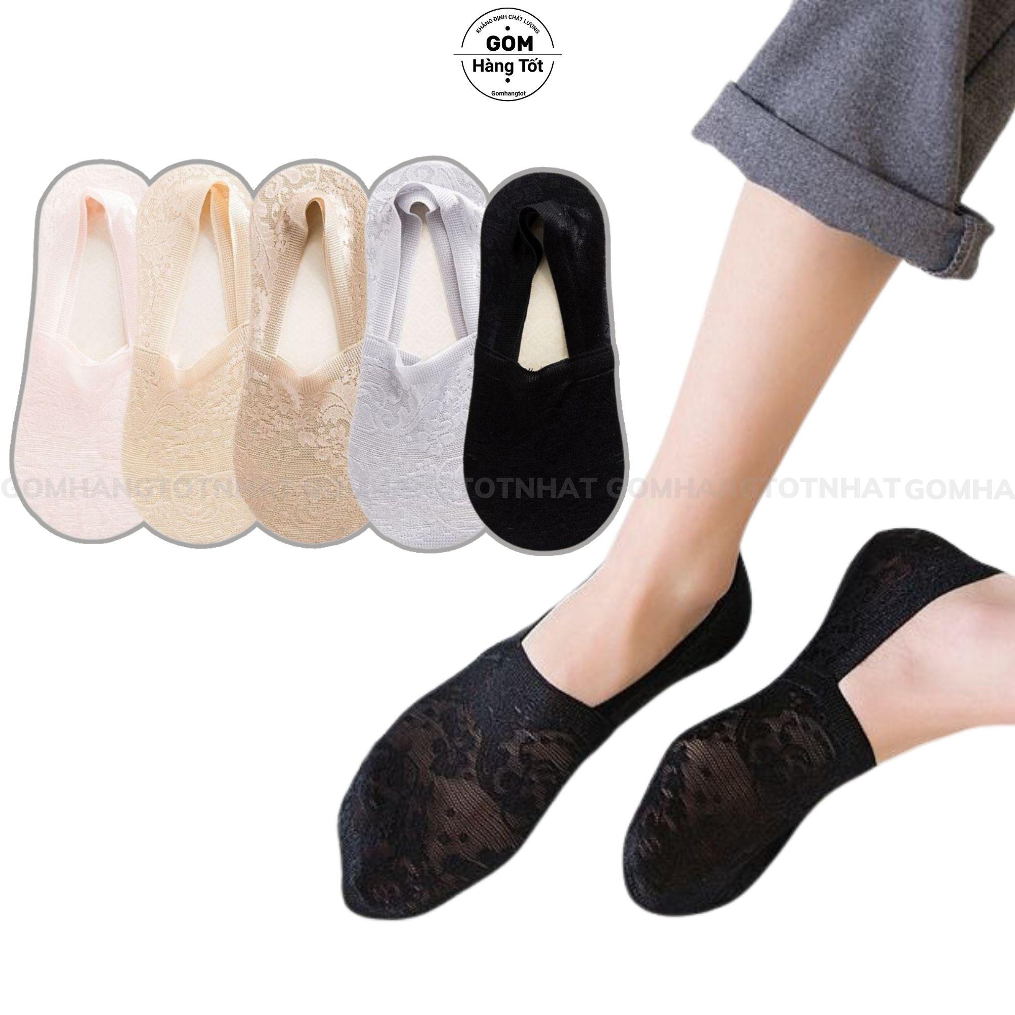 Tất nữ đi giày búp bê có bo thun chống tuột gót, vớ lười nữ chất liệu lụa phối ren cao cấp - LUAREN-PO-3028-1DOI