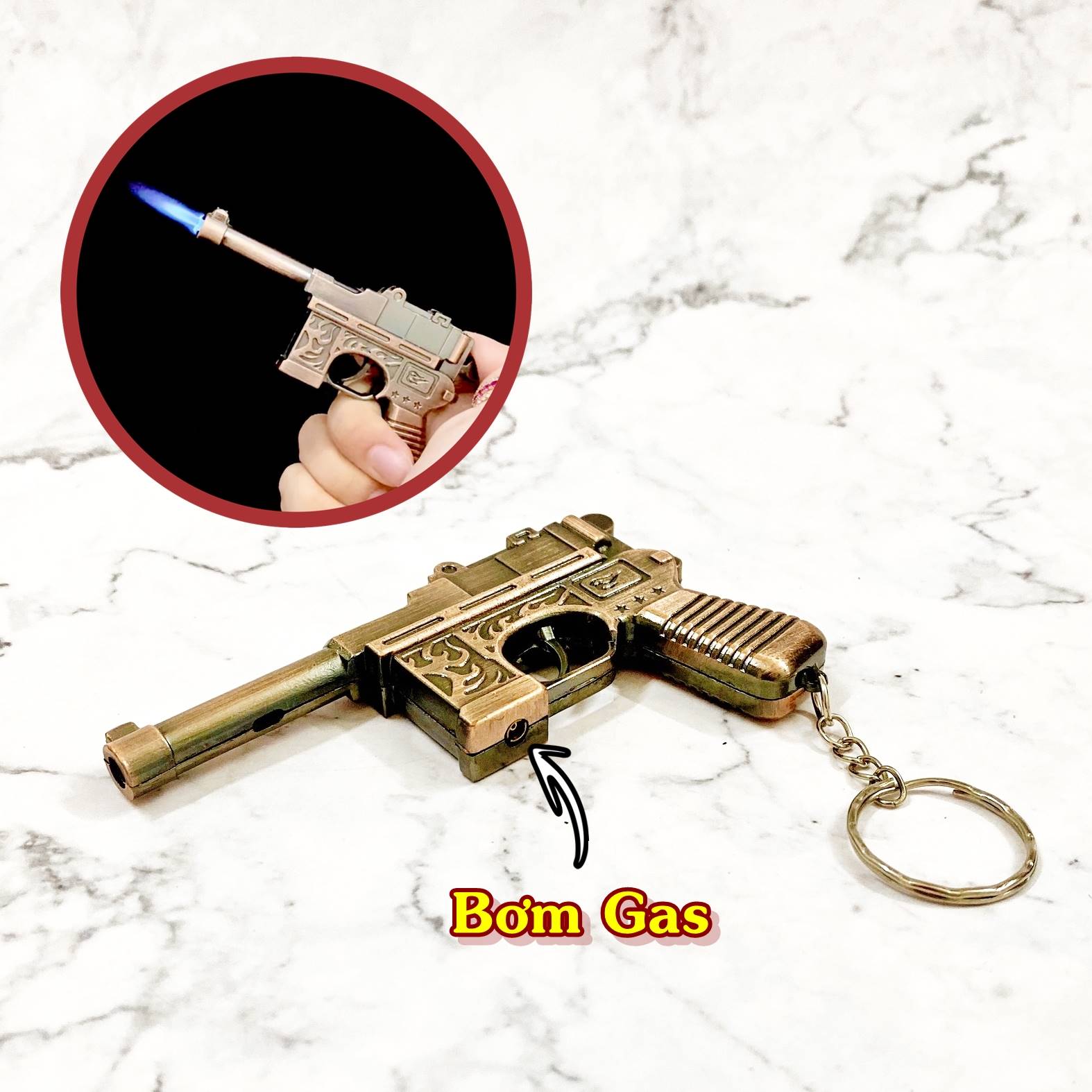 Hột quẹt bât lửa khè móc khóa hình súng cổ Mauser mini (size: 10cm) - (xài gas).