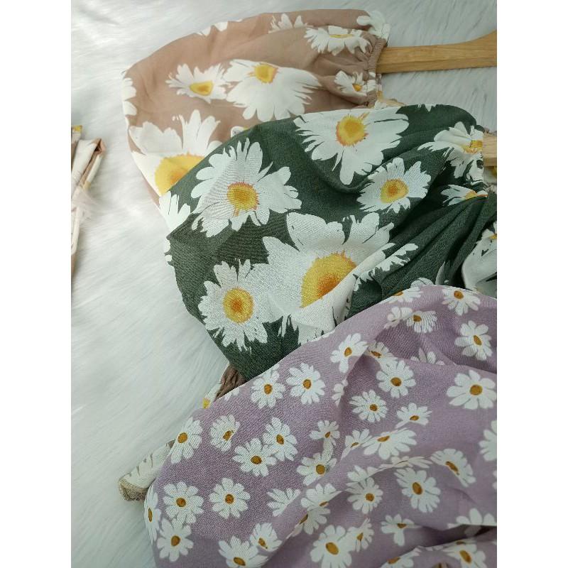Set hoa cúc nhí tay phồng cổ vuông nhún eo ống rộng