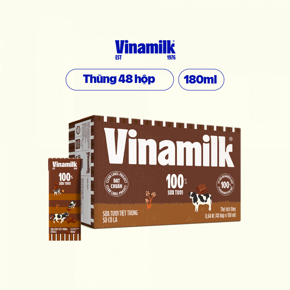 Thùng 48 Hộp Sữa Tươi Tiệt Trùng Vinamilk 100% Sôcôla (180ml / Hộp)