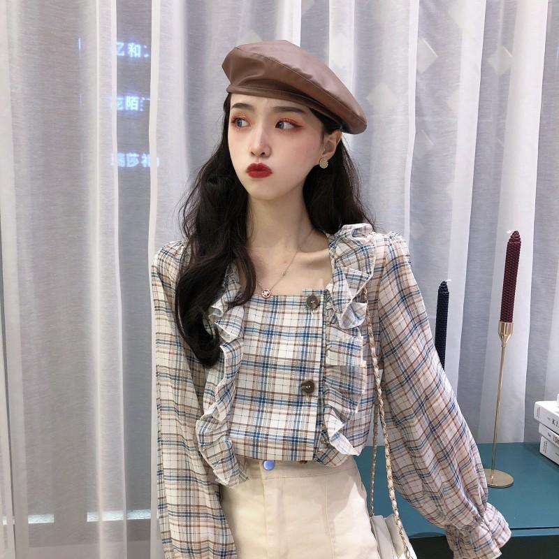 Áo sơ mi voan kẻ caro cổ vuông phối viền bèo tiểu thư ulzzang