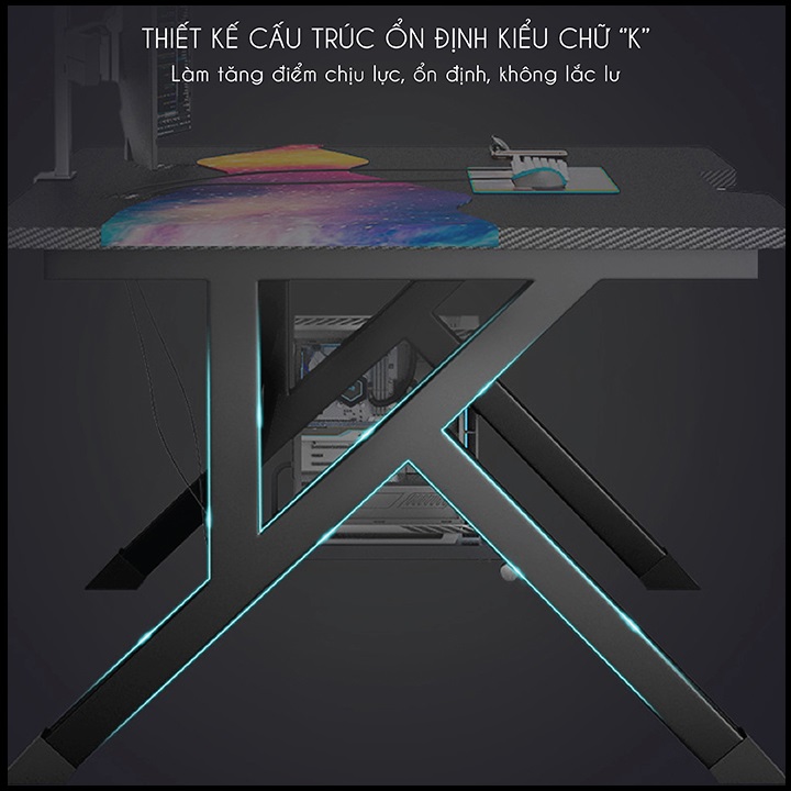 Bàn Làm Việc, Bàn Gaming Chữ K. Mặt Phủ Sợi Cacbon. KT 120 x 60 x 75cm