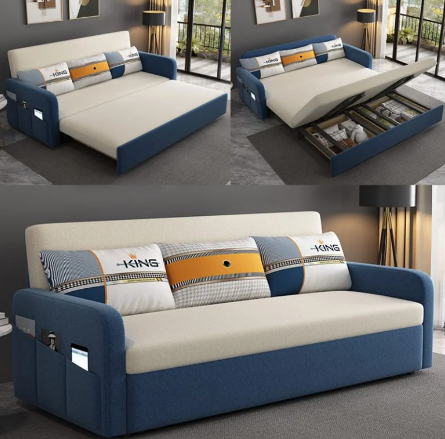 Sofa giường đa năng hộc kéo HGK-03 ngăn chứa đồ tiện dụng Tundo KT 1m8 phối trắng xanh