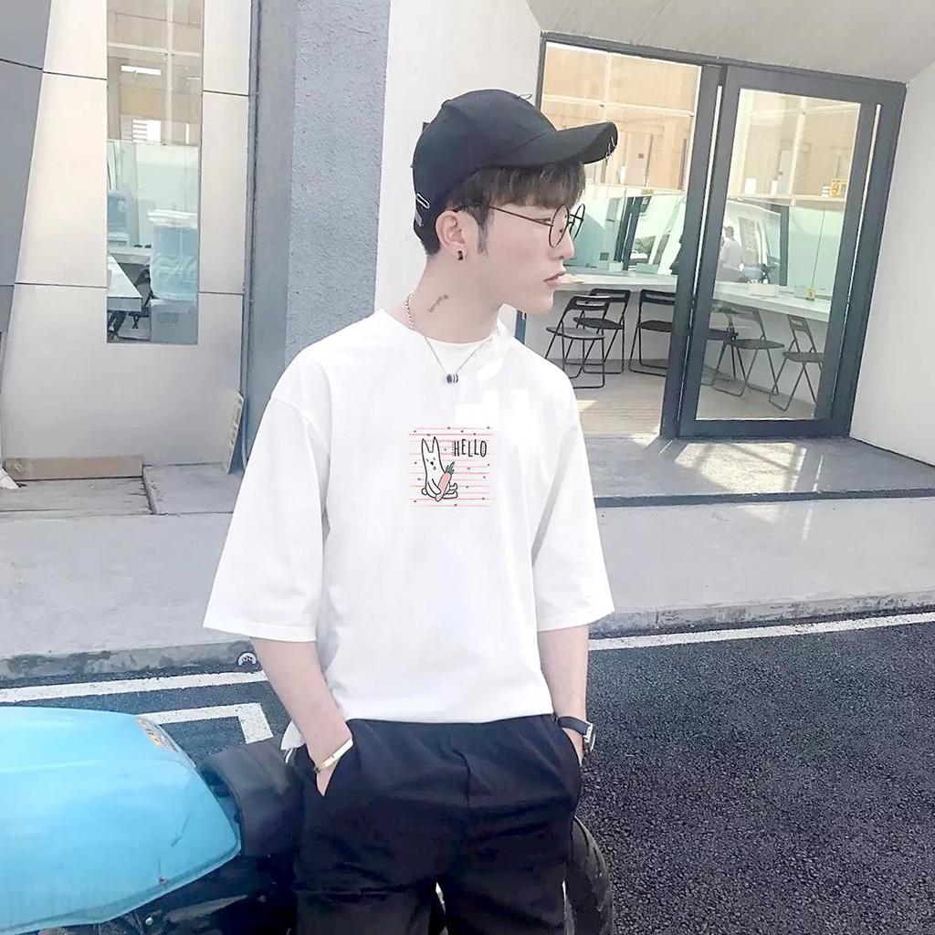 Áo thun tay lỡ nam Hàn Quốc form rộng in hình cá rốt hello vải dày mịn TEEWOTL93