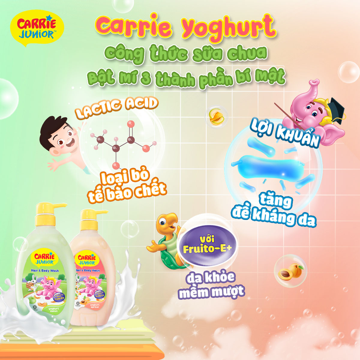 Combo 2 chai Sữa Tắm Gội cho bé Carrie Junior Yoghurt Hương Mơ Tây Apricot (700g/chai)