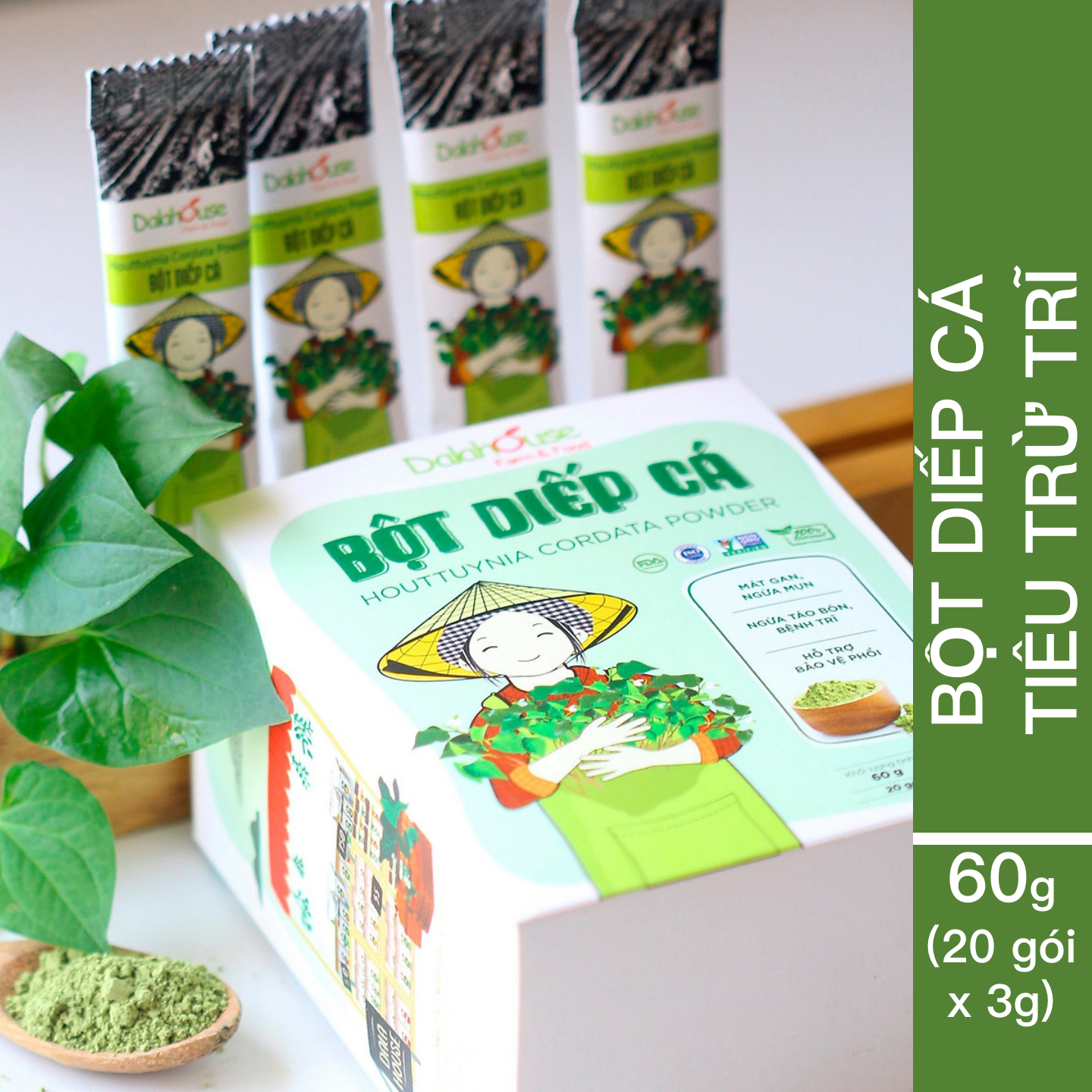 Bột Diếp Cá Dalahouse Hộp 60g - 20 tuýp 3g tiện dụng - Hỗ trợ trĩ - Kháng viêm - Tiêu hóa tốt