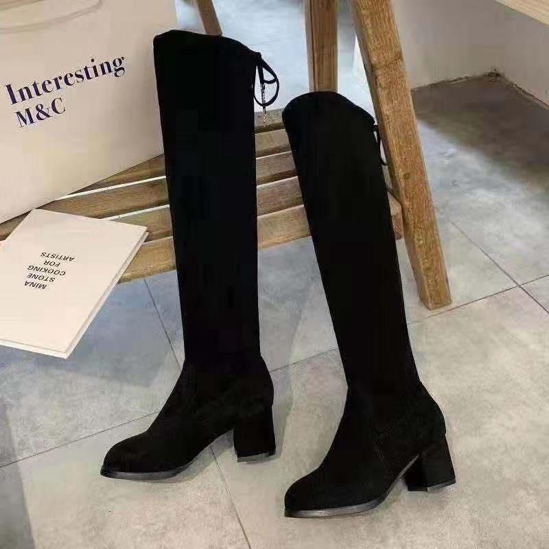 Boot Đùi Da Lộn Buộc Dây Sau Đế Cao 5cm