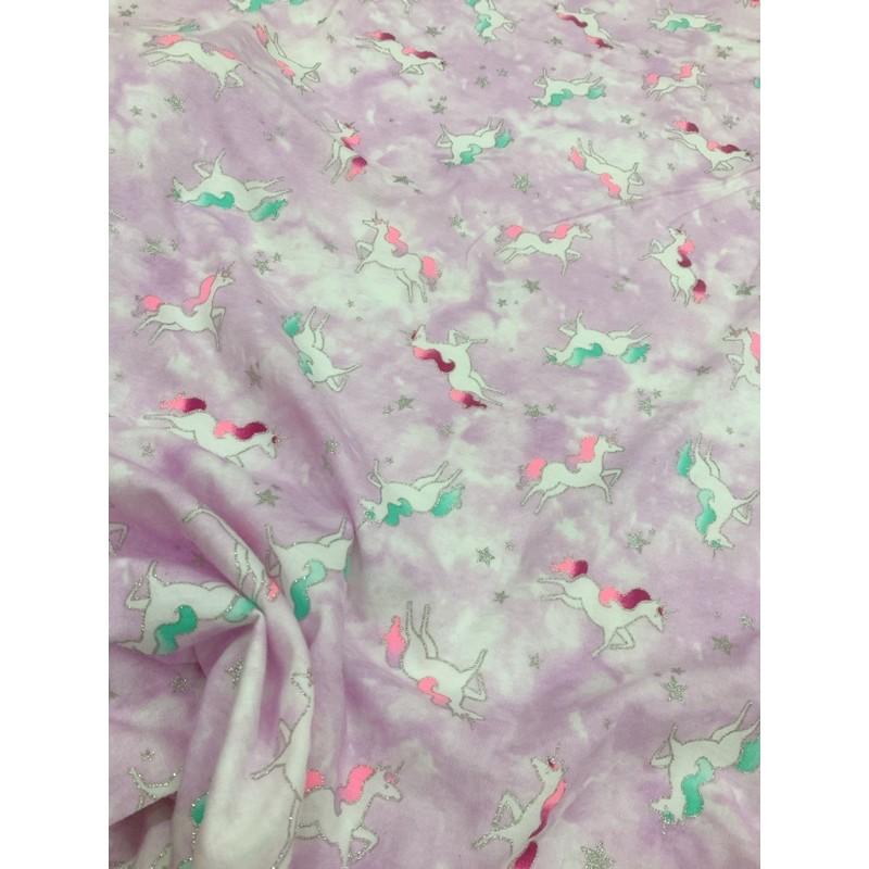 Vải thun cotton hình ngựa Pony nền hồng tím