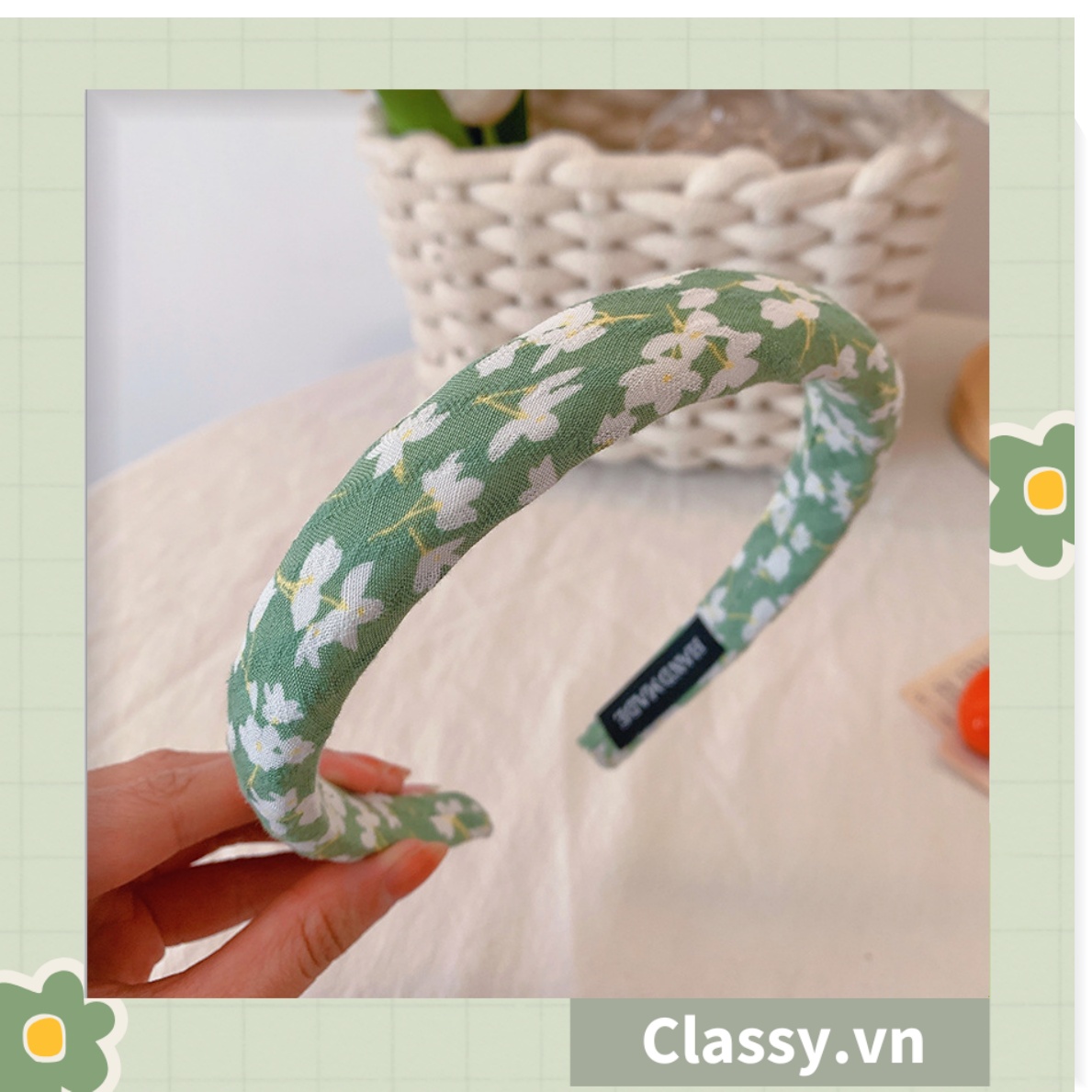 Băng đô cài tóc  Classy bản lớn bọc vải tuýt tông xanh lá trendy của mùa hè PK944