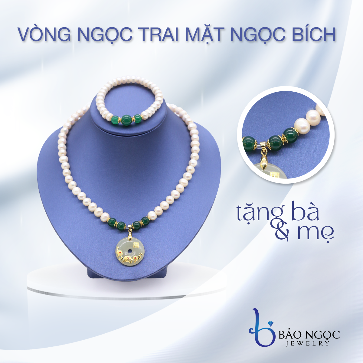 Bộ Chuỗi Ngọc Trai Phát Lộc - Vòng Cổ Ngọc Trai Tài Lộc - Dây Chuyền Ngọc Trai Tự Nhiên, Hạt Tròn 9ly Gồm Vòng Cổ Kèm Vòng Tay - BODB1438 - Bảo Ngọc Jewelry