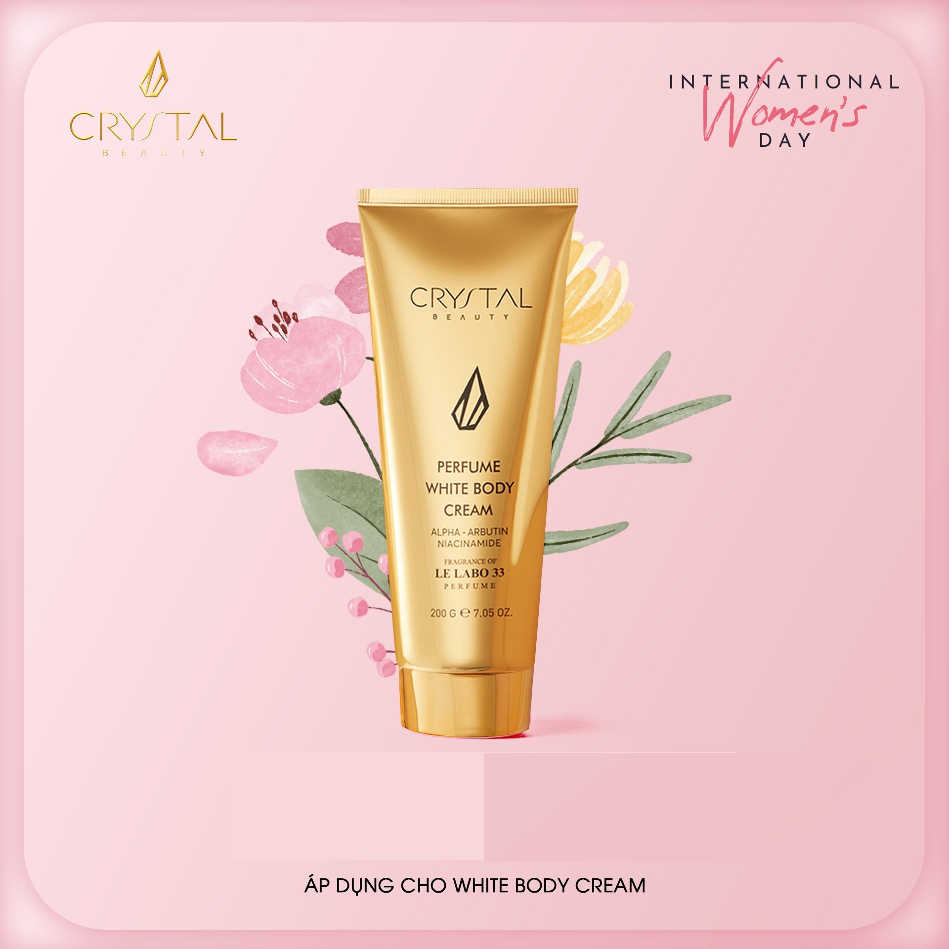 Dưỡng thể Body Crystal Perfume White Body Cream- giúp nâng tone da ngay tức thì, xóa mờ thâm sạm, giúp da sáng hồng, rạng rỡ và đều màu