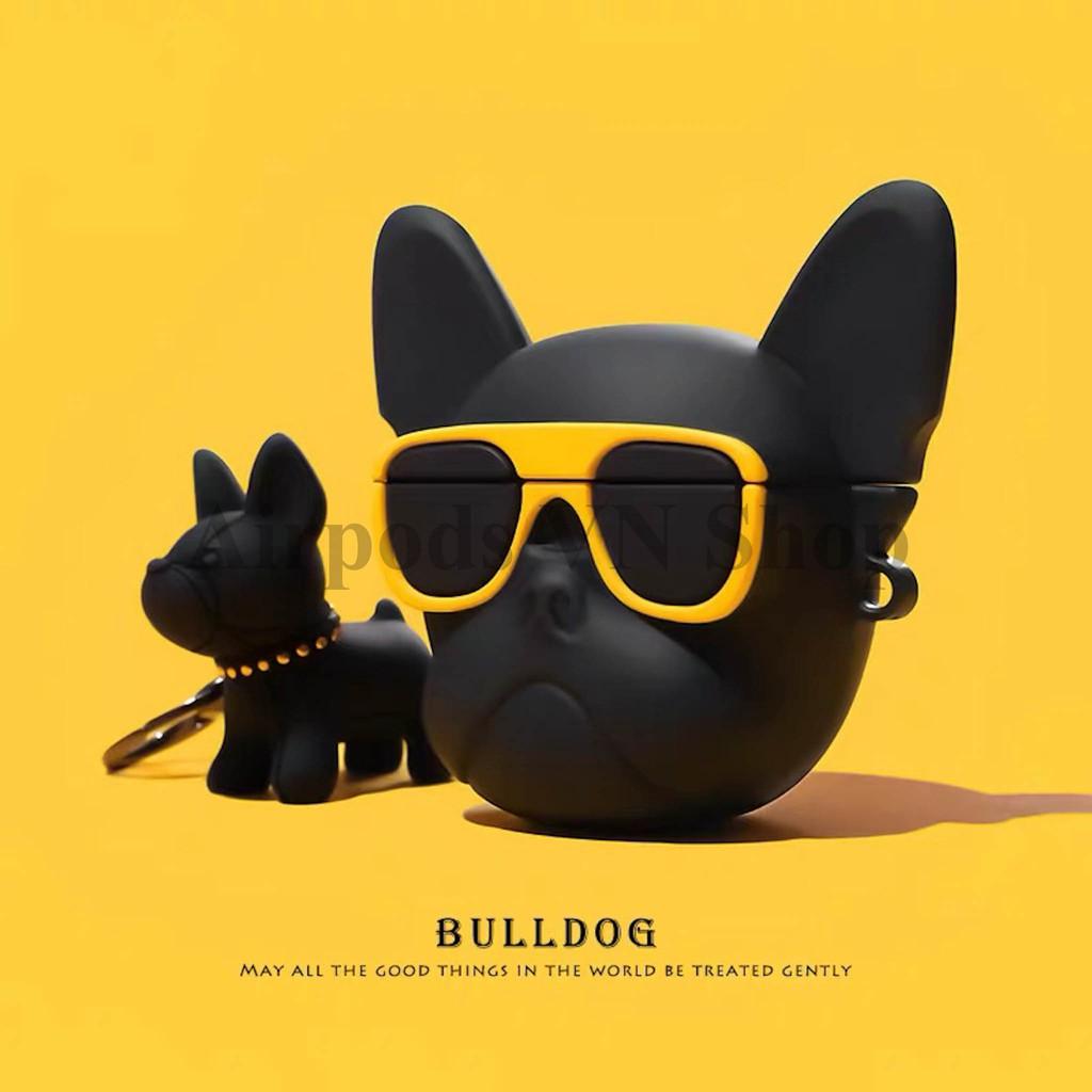 Bao Case Ốp dành cho Airpods 1/2 & Airpods Pro bulldog mang kính vàng siêu chất silicon cao cấp