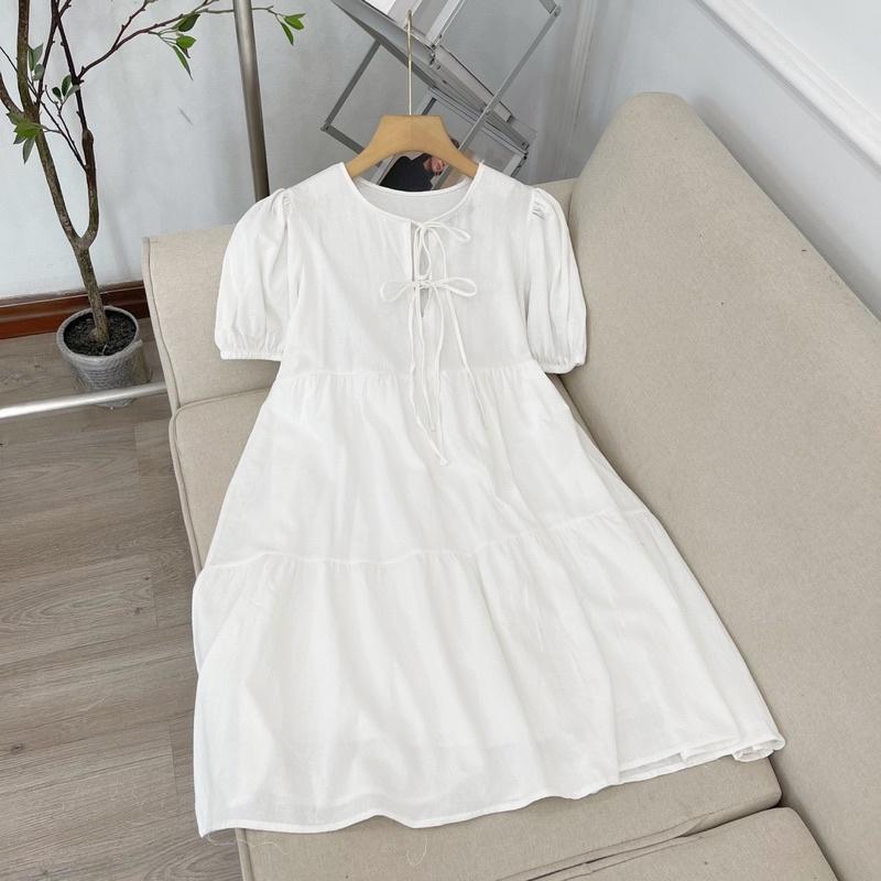 Đầm Babydoll Nữ Buộc Nơ Cộc Tay Dáng Ngắn Váy Đũi Lụa Nữ Dây Nơ Dáng Suông 3 Màu