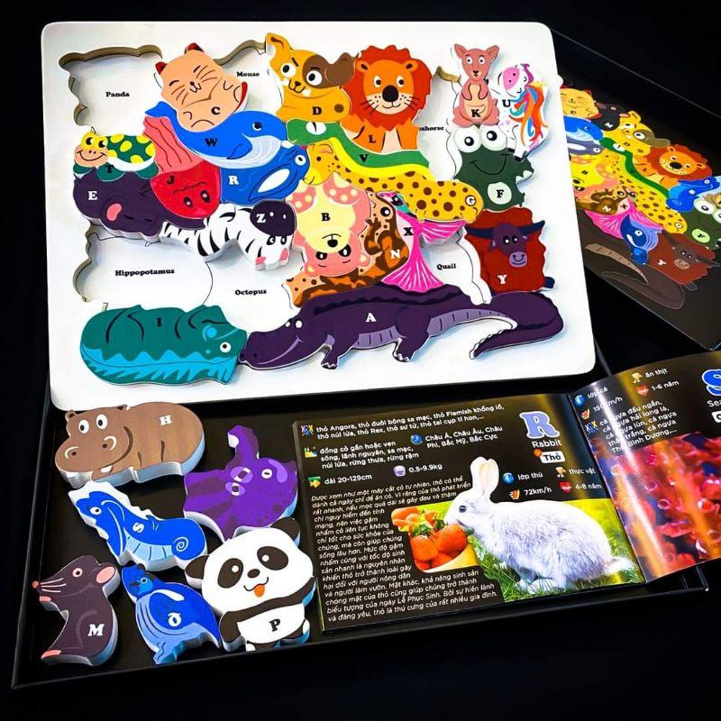 ĐỒ CHƠI GỖ CAO CẤP ANIMAL PUZZLE THEO BẢNG CHỮ CÁI TIẾNG ANH A-Z VÀ SỐ ĐẾM THỨ TỰ TỪ 1-26