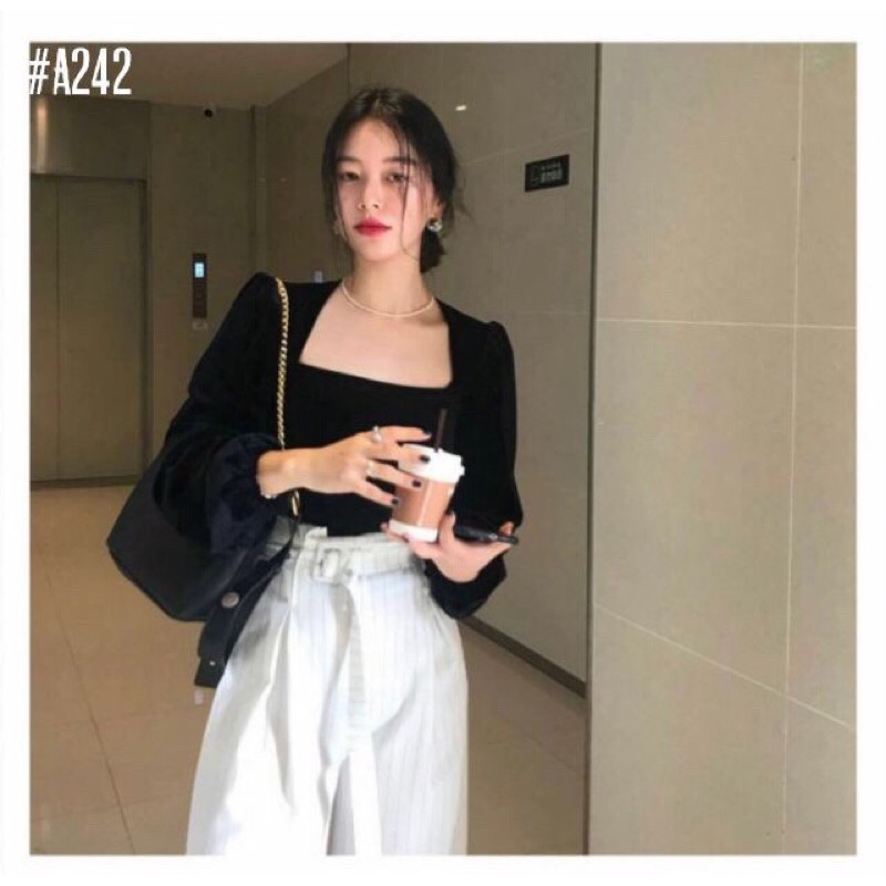Áo cổ A tay phồng dài có ảnh thật