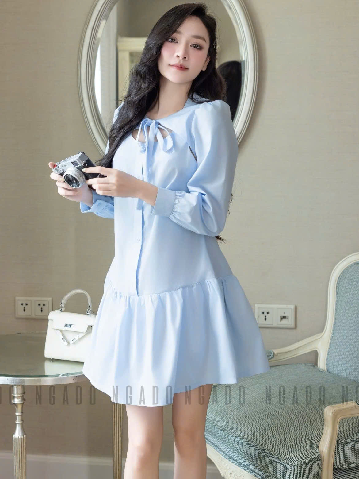 Đầm xanh tay dài phối nơ NGADO , đầm dự tiệc , công sở