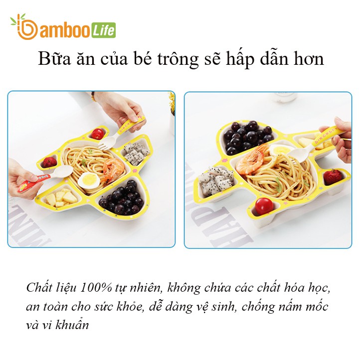 Khay ăn dặm sợi tre an toàn cho bé- Bộ chén ăn dặm cao cấp 3 chi tiết thìa, dĩa, khay hình máy bay- BL021