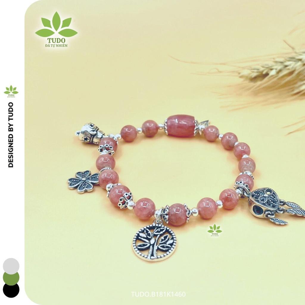 Vòng Tay Nữ Đẹp - Vòng Phong Thủy Đa Mệnh TUDO B181K1460 VCBDAOH hồng, Charm Bạc Cây Mộc, Dreamcatcher, Mèo Thần Tài