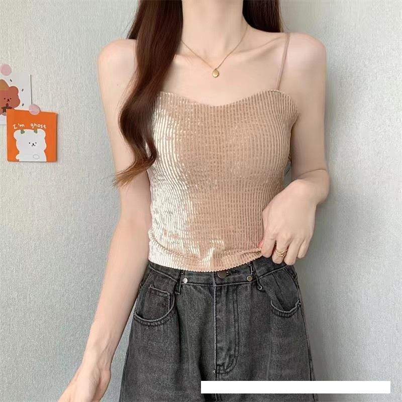Áo Bra 2 dây NHUNG TĂM LẤP LÁNH, áo dáng lửng có đệmngực, quai có thể điều chỉnh có nhiều màu để chọn lựa, Nữ Women Top Cotton