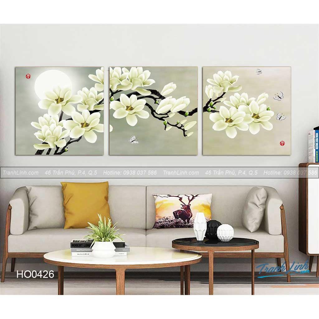 Bộ ba tranh tráng gương cao cấp hoa lan trắng
