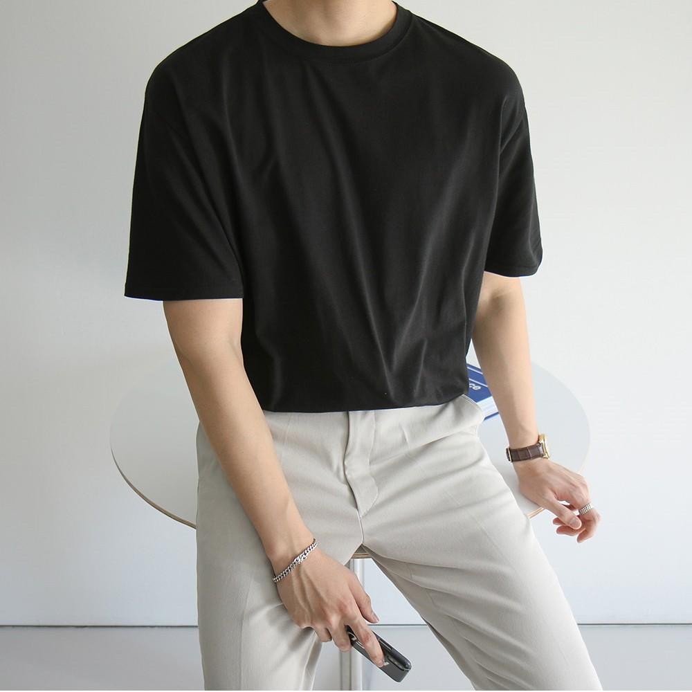 Áo thun nam đen trơn ngắn tay vải cotton cổ bo tròn thương hiệu RYAN form rộng phong cách Hàn Quốc