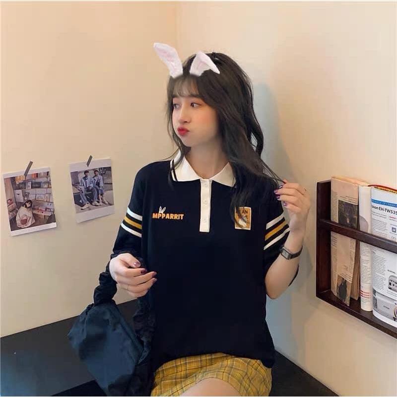 Áo Polo Nữ Rabbit Phối Màu Cộc Tay Cổ Bẻ Dáng Rộng