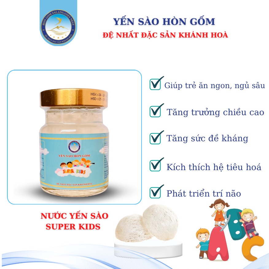 [Combo 30 lọ x 70ml] Nước Yến Sào Dành Cho Trẻ Em Super Kids - Yến Sào Hòn Gốm Chính Hiệu Khánh Hoà - H G SALANGANES NEST