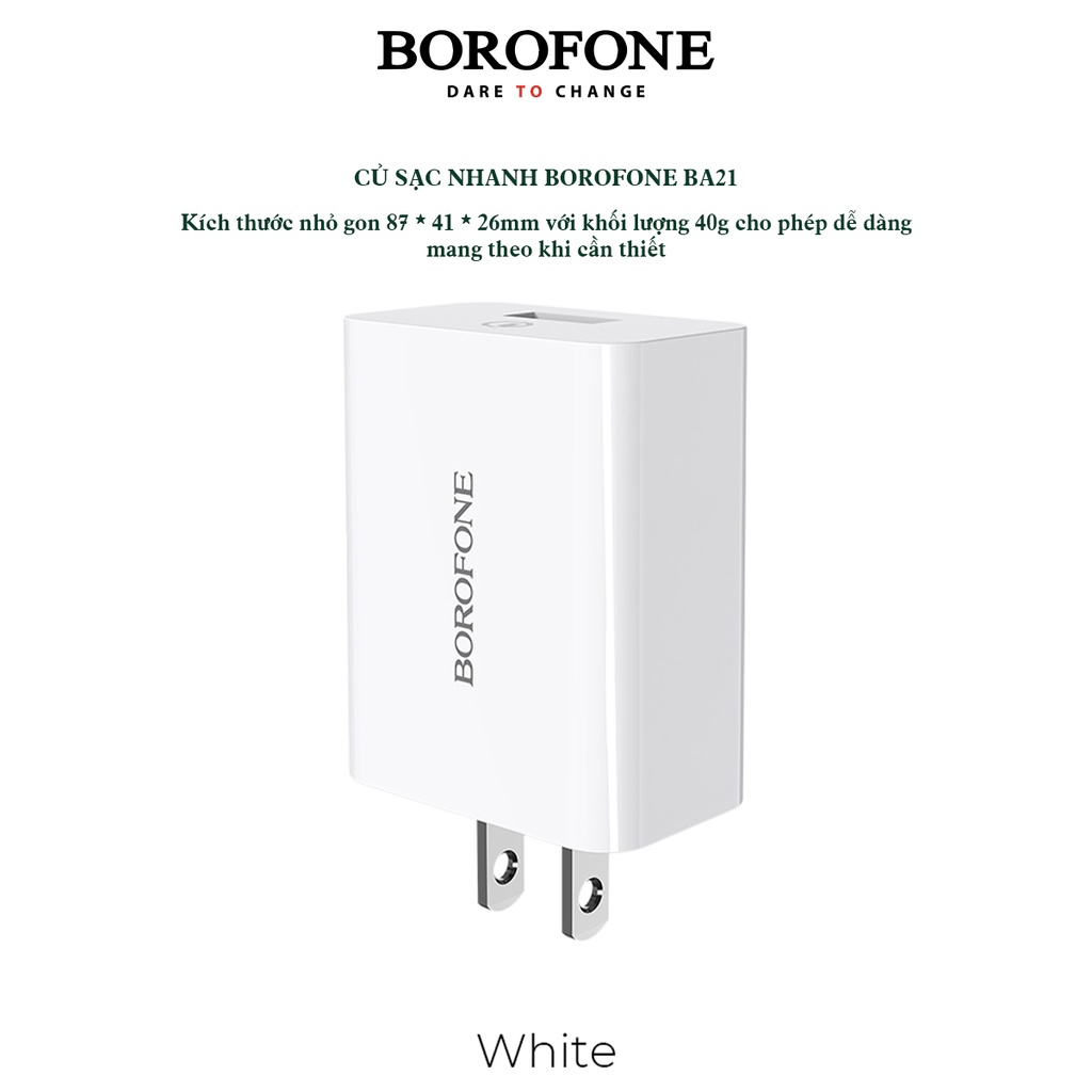 Củ Sạc Nhanh 18W - QC3.0 BOROFONE BA21 cổng USB hỗ trợ sạc nhanh 50% pin trong vòng 30p, có chip điều khiển dòng điện an toàn bảo vệ máy - Hàng Chính Hãng