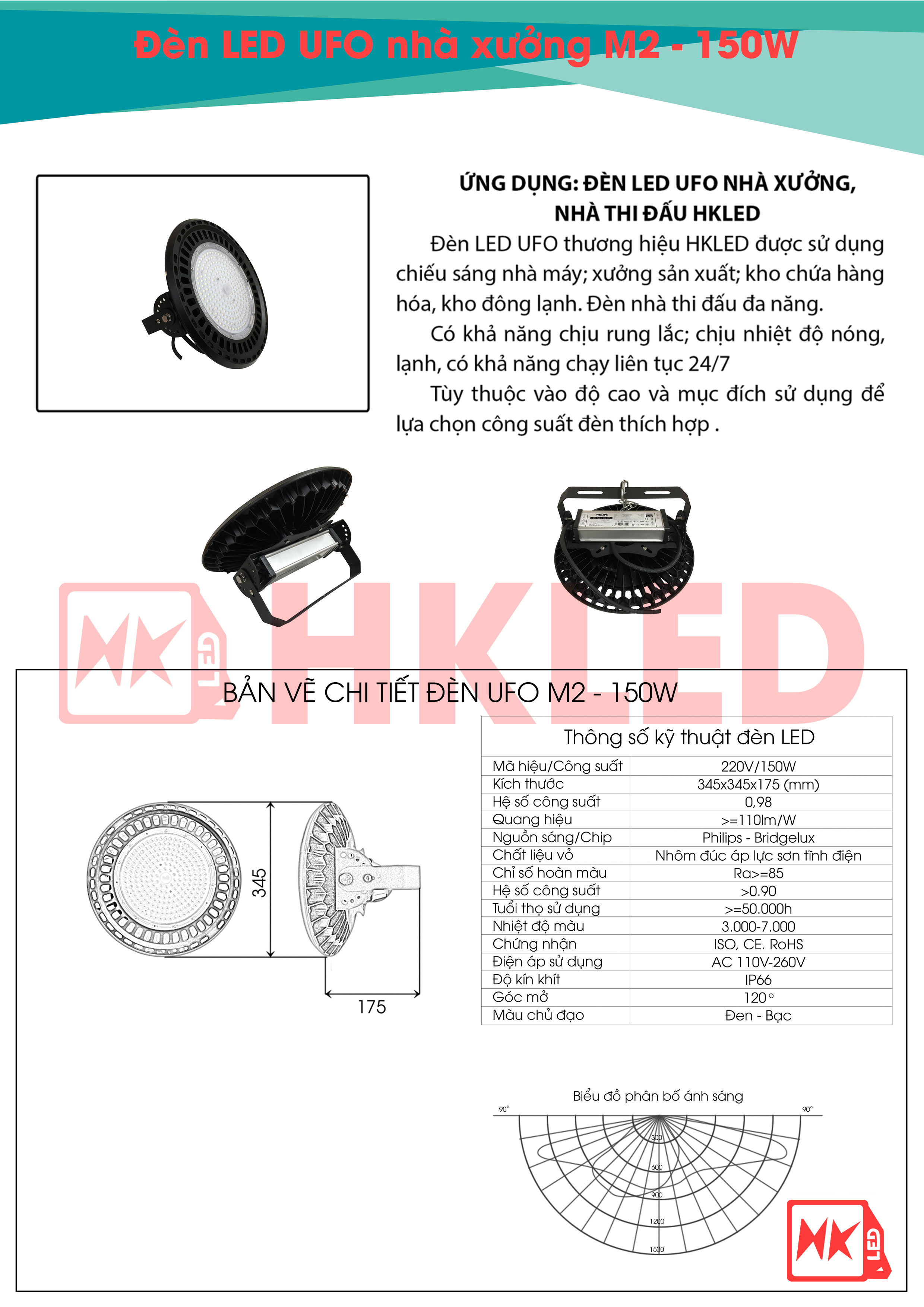 HKLED - Đèn nhà thi đấu, nhà xưởng UFO 150W - DNXU150