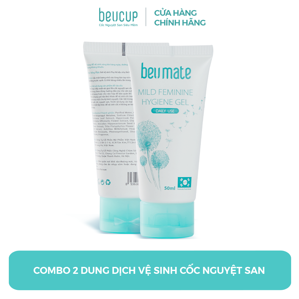 Bộ 2 dung dịch vệ sinh cốc nguyệt san BeUMate 50ml - giúp ngăn ngừa vi khuẩn, tiệt trùng, khử mùi BeU Cup 50ml