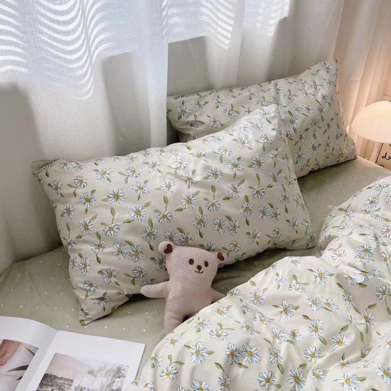 Bộ Chăn Ga Cotton Living 100%cotton Hàng Nhập Khẩu Cao Cấp 4 Món Hot Trend Hoa Nhí Tím Viền Bèo vintage