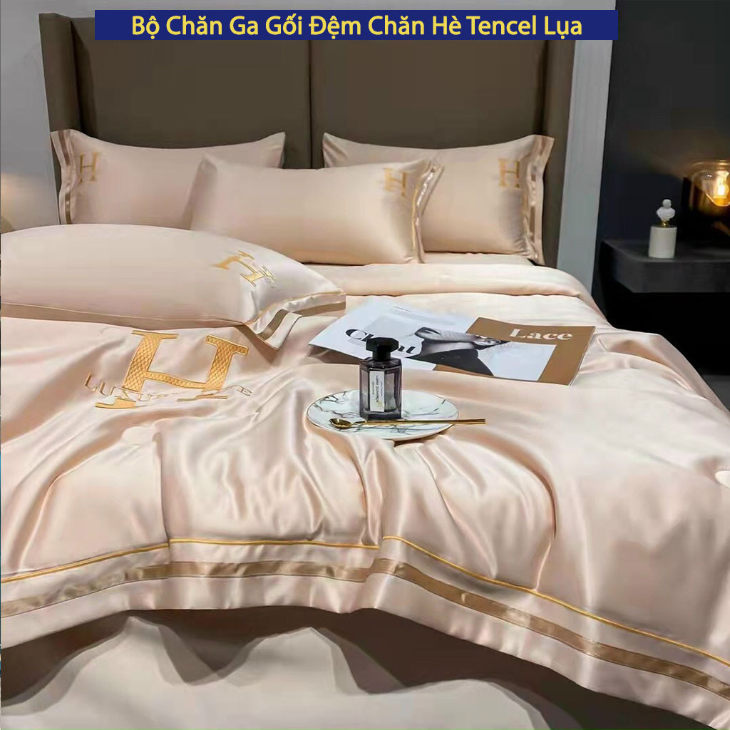 Bộ Chăn Ga Gối Nệm Đệm 5 Món Phi Lụa Chữ H Luxury Cao Cấp Bo Chun Drap Giường Chăn Chần Bông