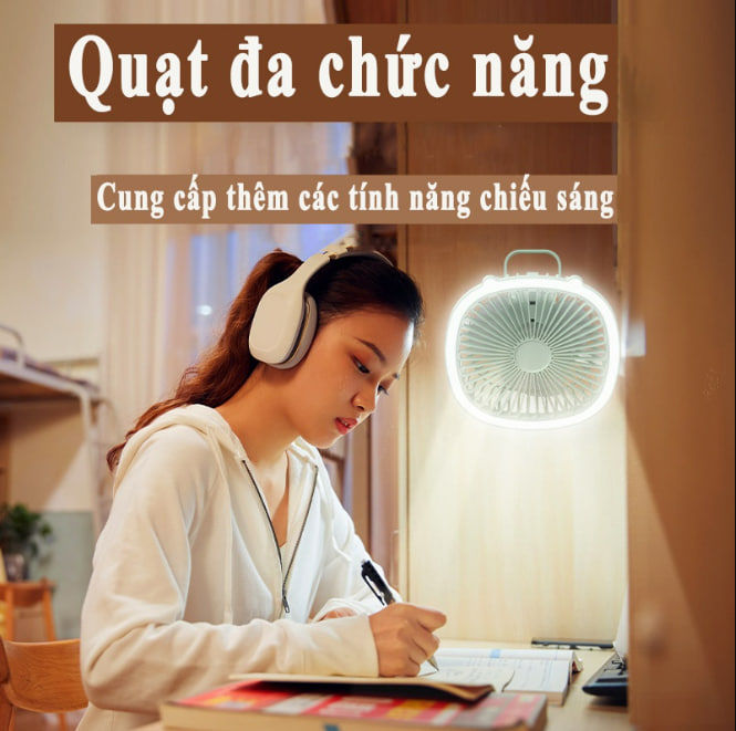 Quạt Tích Điện Treo Tường Mini Cầm Tay 3 Chế Độ Gió , Quạt Để Bàn Tích Hợp Đèn Led, Kiêm Đèn Ngủ, Pin Trâu