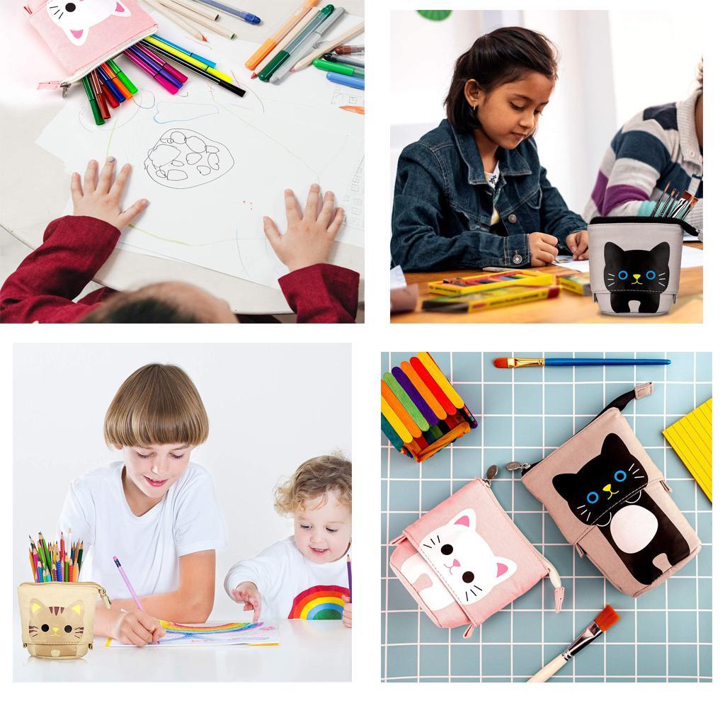 Telescopic Canvas Pen Storage Pencil Case Cosmetic Makeup Organizer Bag Brown