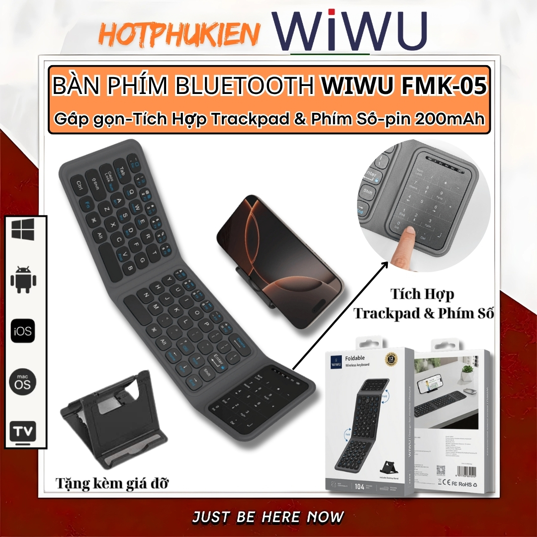 Bàn phím gấp gọn di động không dây bluetooth V5.2 tích hợp trackpad &amp; phím số WIWU FMK-05 - Nhỏ gọn, mỏng nhẹ, phím tắt thông minh, hỗ trợ Androids &amp; iOS, gõ thoải mái cho iPad cho iPhone, máy tính bảng, cho macbook, laptop - hàng nhập khẩu