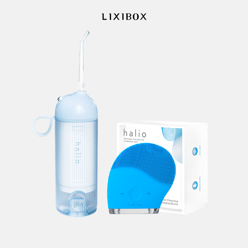 Combo Máy Tăm Nước Cầm Tay Halio UltraClean Blue Và Máy Rửa Mặt Halio Facial Cleansing &amp; Massaging Sky Blue