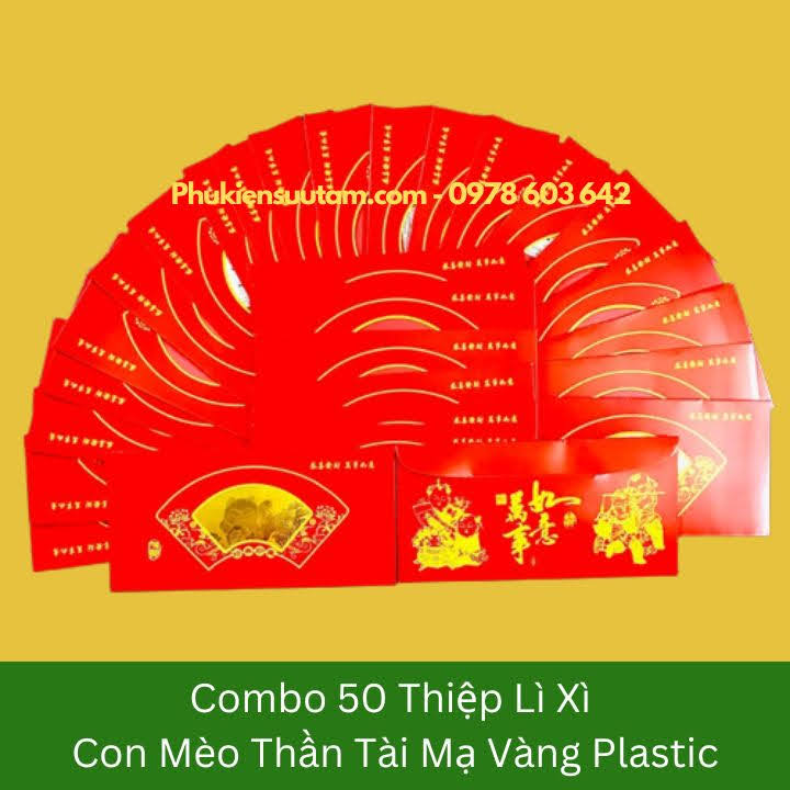 Combo 50 Thiệp Lì Xì Con Mèo Thần Tài Mạ Vàng Plastic, kích thước: 20cmx10cm, màu đỏ - SP005912