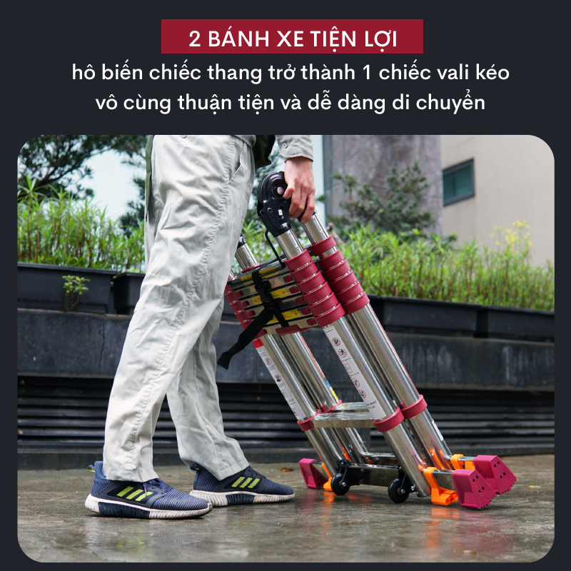 Thang rút đôi chữ A INOX 5.6M nhập khẩu FUJIHOME TLA09IR, chốt khóa tự động an toàn, có bánh xe di chuyển tiện lợi - Hàng chính hãng