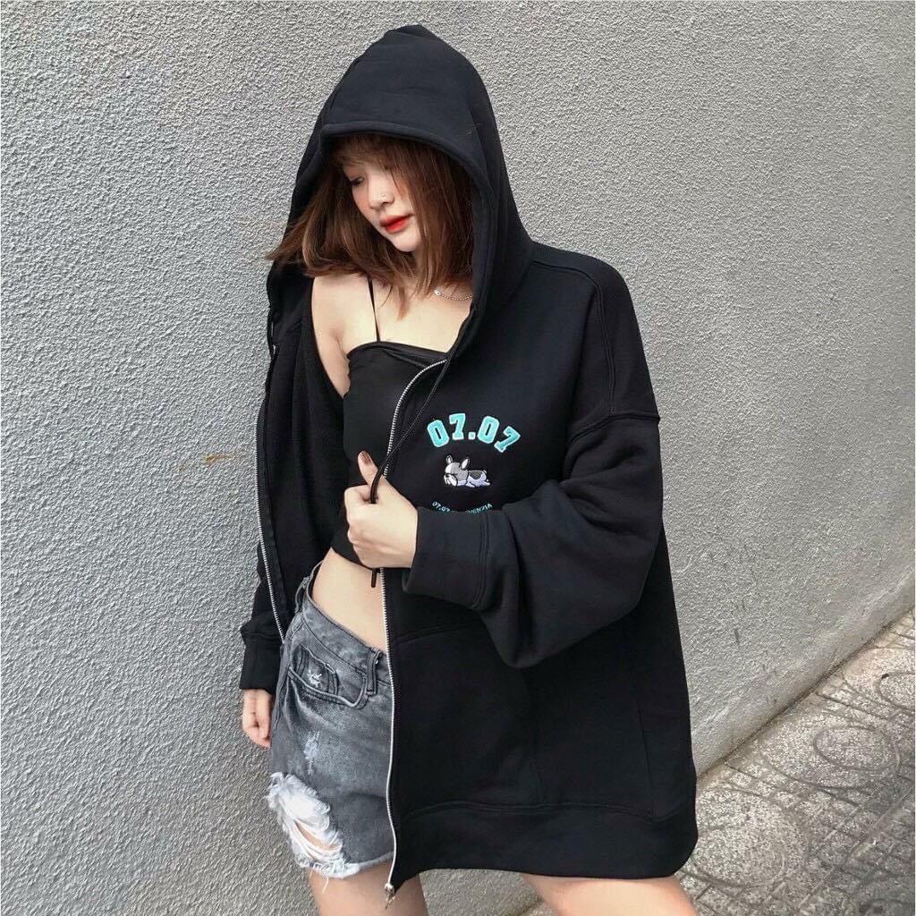 Áo Khoác Cardigan / Áo Khoác Hoodie Nỉ Zip Thêu CÚN 07.07 Form Rộng Unisex Nam Nữ Ulzzang