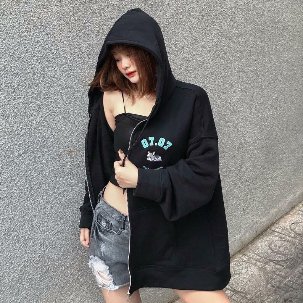 Hình ảnh Áo Khoác Cardigan / Áo Khoác Hoodie Nỉ Zip Thêu CÚN 07.07 Form Rộng Unisex Nam Nữ Ulzzang