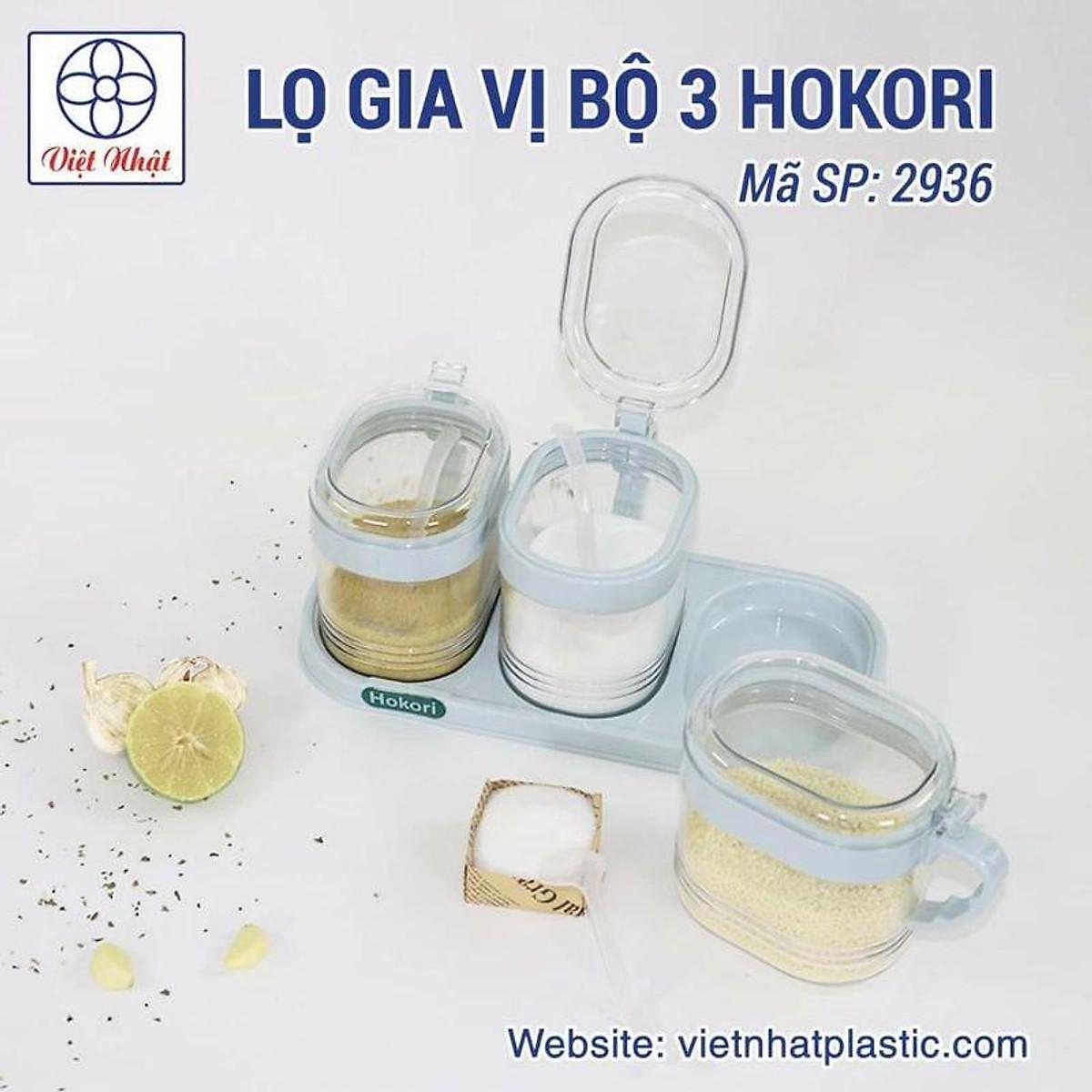 Set 3 Hũ Đựng Gia Vị HOKORI Kèm Muỗng và Khay- Dung Tích 700ml