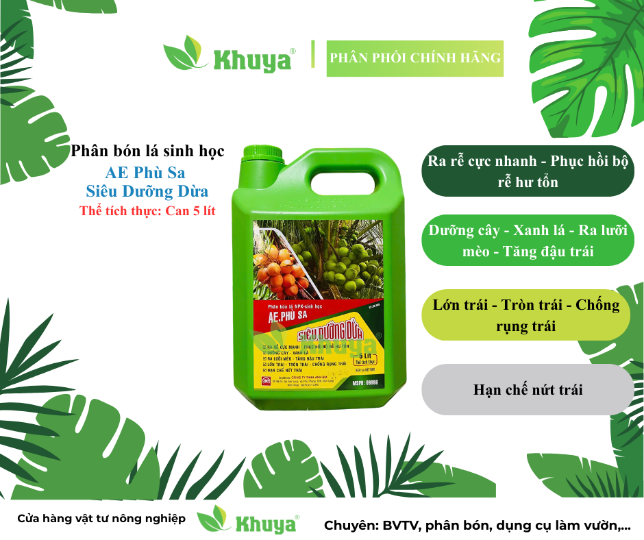 Phân bón lá NPK sinh học AE Siêu Dưỡng Dừa 5 lít Ra Rễ - Dưỡng Cây - Xanh Lá - Lớn Trái