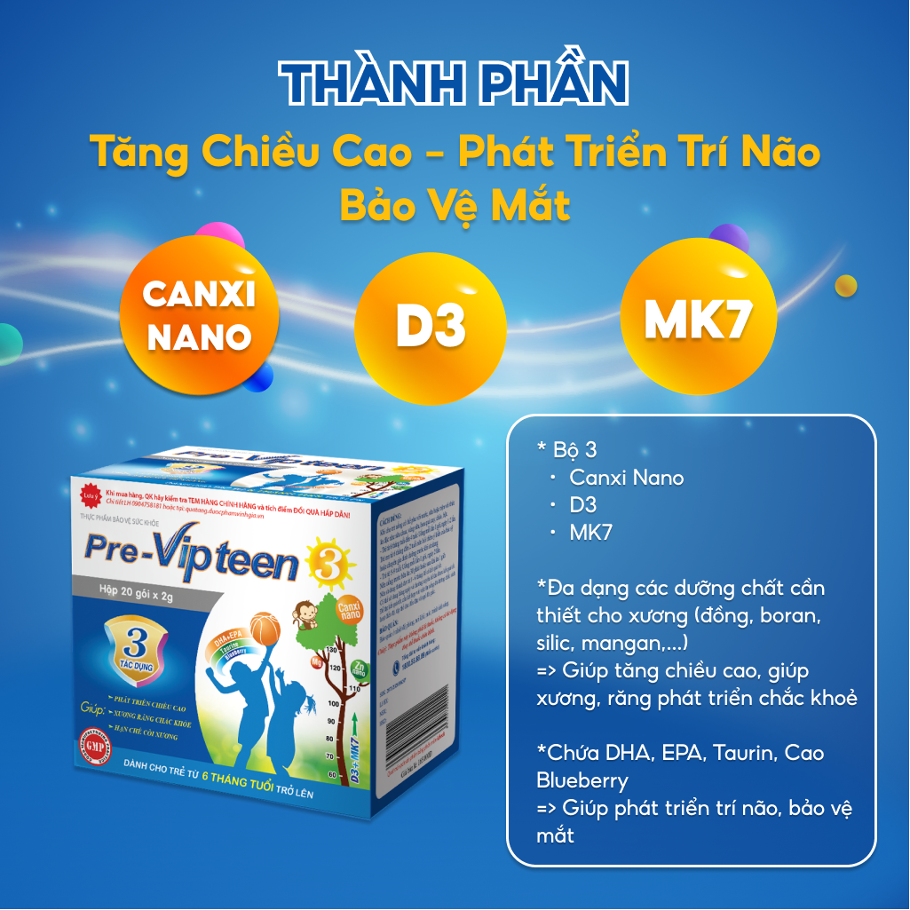 Cốm Bổ Sung Canxi Tăng Chiều Cao Pre-Vipteen 3 VINH GIA Dành Cho Trẻ Từ 6 Tháng Tuổi Hộp 20 Gói