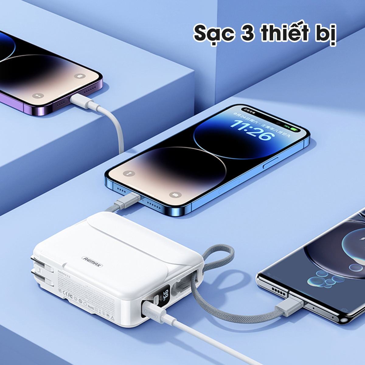 Sạc dự phòng 20000mAh kiêm củ sạc Remax RPP 553 thiết kế kèm dây sạc nhanh 27w cho 14 Serie - Hàng Chính Hãng Remax