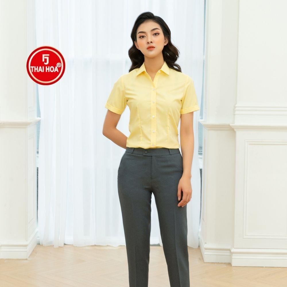 Áo sơ mi nữ Thái Hòa N047-02-01 vải cotton thoáng mát màu vàng